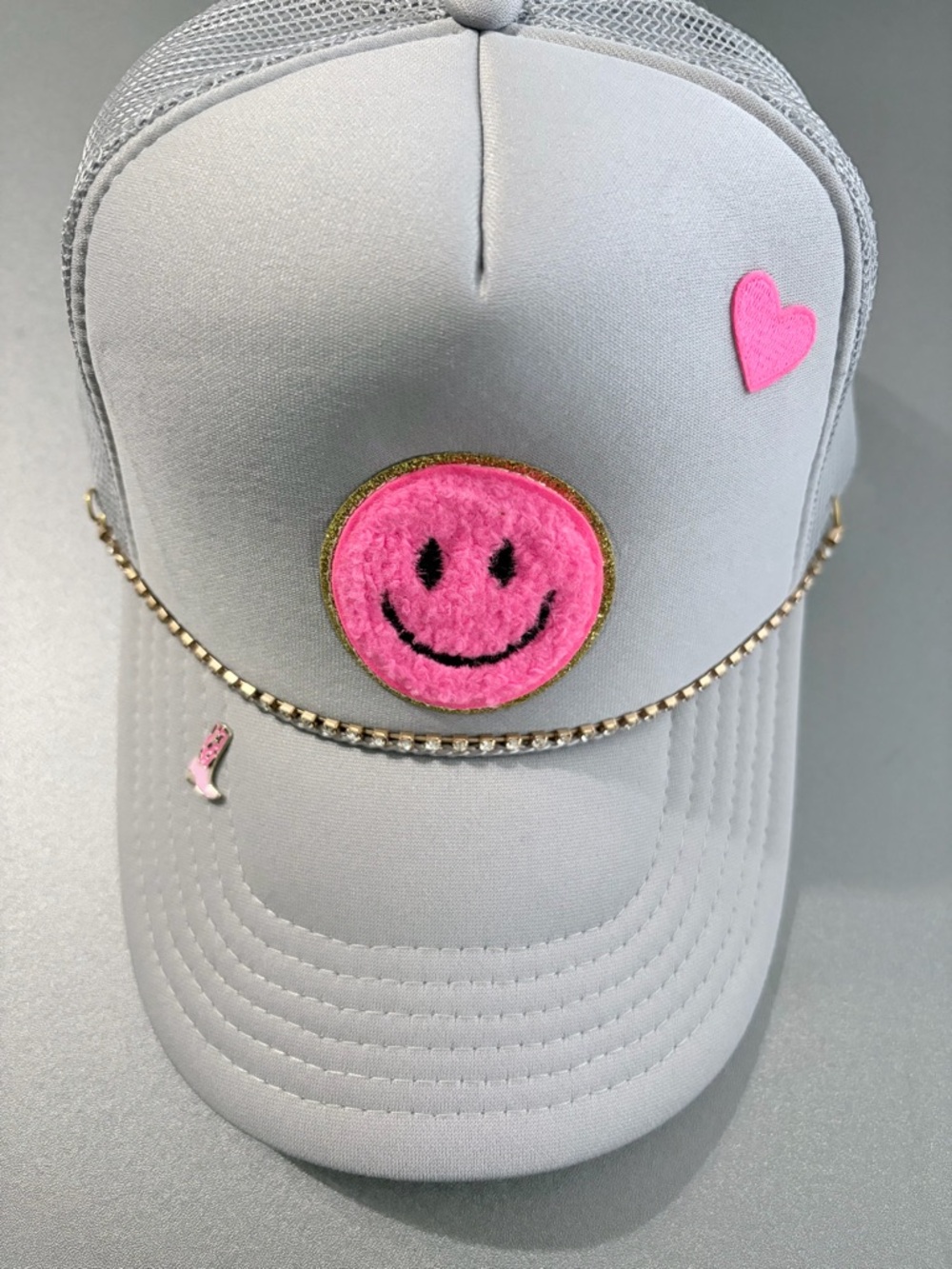 Gray Trucker Hat with Pink Smiley Patch & Gold Chain